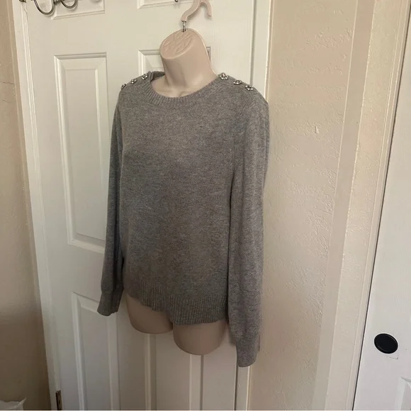 $118 J. Crew Crewneck Sweater with Jeweled Buttons Wool blend, Gray, M, Medium - Picture 4 of 11